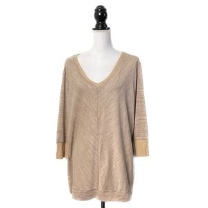 H by Halston V-Neck Top 1X Solid Tan 3/4 Sleeve Soft Texture Knit Classic Casual